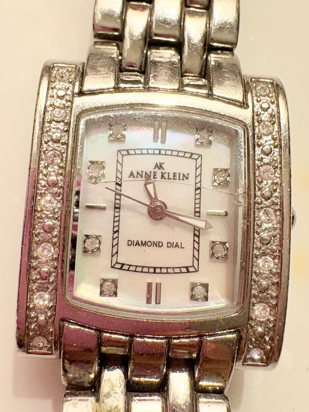 Anne Klein Silver Tone Crystal Accent Bracelet Watch & Diamond Dial Analog
